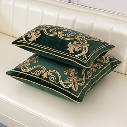 Aeckself European Luxury Velvet Lumbar Throw Pillow Cover 12 x 20 Inch, Embroidery Floral Pillow Cover Home Decor Oblong Pillowcase for Couch Bedroom Living Room, Dark Emerald Green and Gold - color: Green, size: 20" x 12" (Pack of 1)