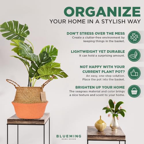 Blueming Large Wicker Planter Basket – 12 Inch Seagrass Plant Pot in Boho Orange for Olive Trees, Faux Plants, or Indoor Decor, Woven Baskets Basket for Living Room or Modern Home Styling - color: Orange, size: Large