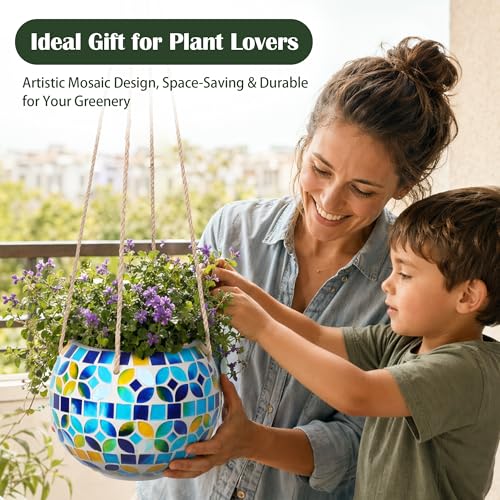 Ceramic Hanging Planter Mosaic Hanging Flower Pot Small Plant Pot for Indoor Plant Garden Decor Disco Ball Planter with Drainage Square Blue - color: Blue