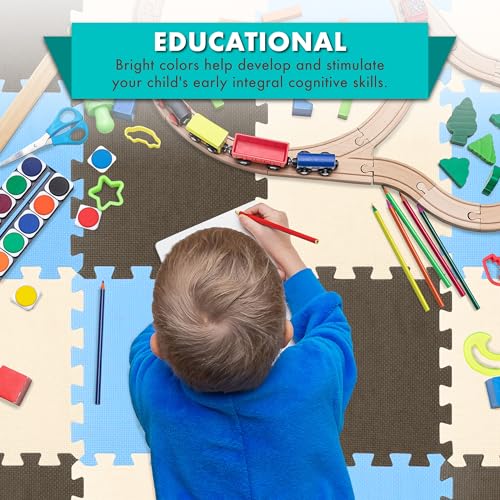 ProSource Baby Play Mat, Soft Foam Floor Tiles for Kids, Interlocking EVA Panels for Playpen Use, Crawling Development Surface, Safe Non-Toxic Toddler Flooring, 32 Tiles, Blue/Brown/Beige - color: Blue/Brown/Beige, size: 32 Tiles