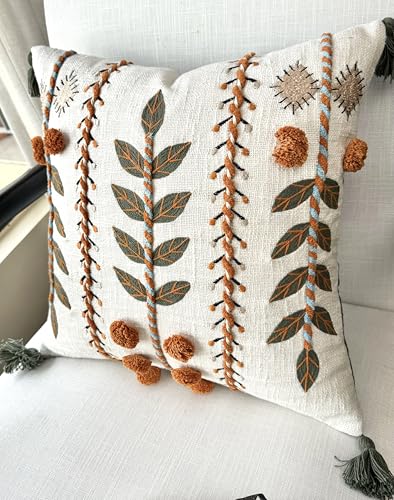 Burnt Orange Hand Embroidered 20x20 Throw Pillow Cover - Ivory Botanical Cushion Cover for Sofa Couch Living Room - Folk Boho Farmhouse Decor - Saloni - color: Burnt Orange-saloni, size: 20" x 20" (Pack of 1)