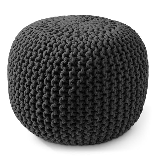 Casafield Round Pouf Ottoman, Black - 20" Diameter x 14.5" High Cotton Knit Foot Stool - Boho Floor Pouffe for Living Room, Bedroom, Home Office - color: Black, size: 20"D x 20"W x 14.5"H
