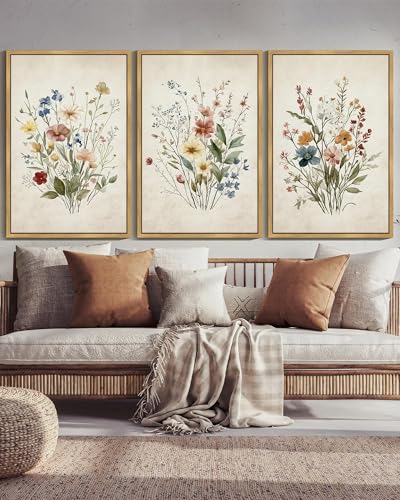 Drsoum Vintage Flower Bouquet Framed Retro Wildflower Botanical Pictures Prints Modern Colorful Floral Rustic Artwork Bedroom Living Room Ready to Hang 24x36in Natural Framed - color: Green Plants Prints, size: 36L" x 24W", Natural Framed