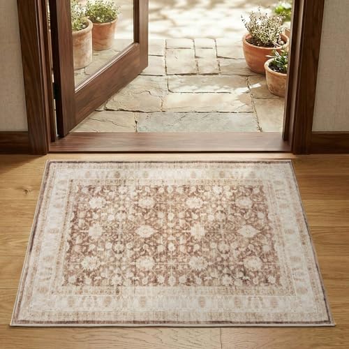 jinchan 2x3 Washable Vintage Floral Rug, Distressed Traditional Entryway Rug, Soft Low-Pile Non-Slip Accent Mat for Indoor Foyer, High-Traffic Kitchen Sink Laundry Room, Taupe - color: Oriental Taupe, size: 2' x 3' (Rectangular)