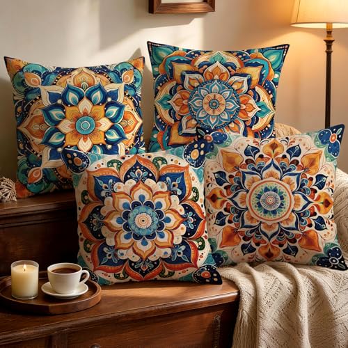 OBSEDE Boho Mandala Throw Pillow Covers Set of 4, 18x18 Inch Blue and Orange Bohemian Decorative Pillow Cases for Couch Sofa, Psychedelic Floral Spiritual Home Decor - color: Boho Spirit Mandala, size: 18" x 18" (Pack of 4)