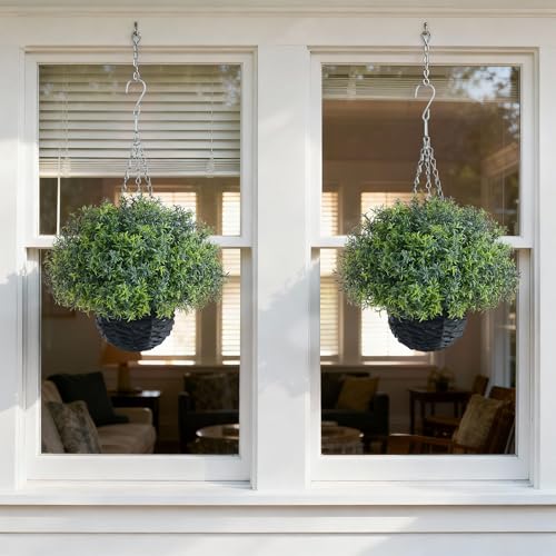 YXZZWL Artificial Rosemary Hanging Basket - 2 Sets with Baskets, Hanging Plants Faux Shrubs, Suitable for Porch, Eaves, Farmhouse, and Garden Decoration for Outdoor UV-Resistant Ornaments