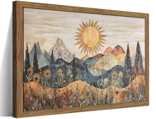 Framed Boho Sun Canvas Wall Art, Modern Abstract Mountain Landscape Painting, Southwestern Sun Poster Picture Print, Boho Floral Aesthetic Wall Decor for Bedroom Home Office 8x10 inch - color: Mountain Scenery, size: 10"L x 8"W
