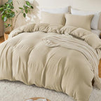 EMME Muslin Cotton Duvet Cover Set Queen Size Linen Like Soft Breathable Lightweight Summer Comforter Cover Set with Zipper Closure (Queen, 90"x90") - color: 02 - Beige, size: Queen(90"×90")