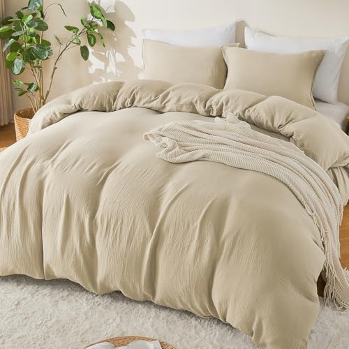 EMME Muslin Cotton Duvet Cover Set King Size Linen Like Soft Breathable Lightweight Summer Comforter Cover Set with Zipper Closure (King, 104"x90") - color: 02 - Beige, size: King(104"×90")