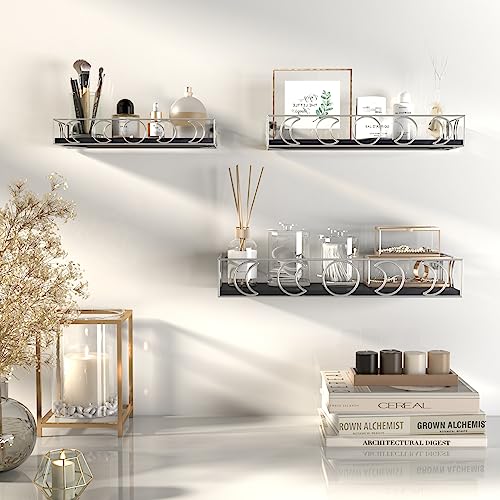 PHAREGE Moon Phase Floating Shelves Black Silver, Set of 3 Small Decorative Wall Shelves for Book Plant Storage, Crystal Figurine Collectibles Display Shelf for Bedroom Kid Room - color: Black Silver