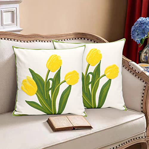 Pack of 2 Embroidered Decorative Throw Pillow Cover 18x18 Inch Farmhouse Floral Pillowcase for Living Room Sofa Bed (Yellow Tulip) - color: Yellow Tulip