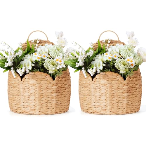 2 PC Door Basket Scalloped Hanging Storage Basket,Water Hyacinth Woven Wall Baskets for Front Door Decor, Hangable Storage Organize for Flowers,Planter,Mails,Wicker Baskets for Organizing Garden - L*2 - size: Large *2