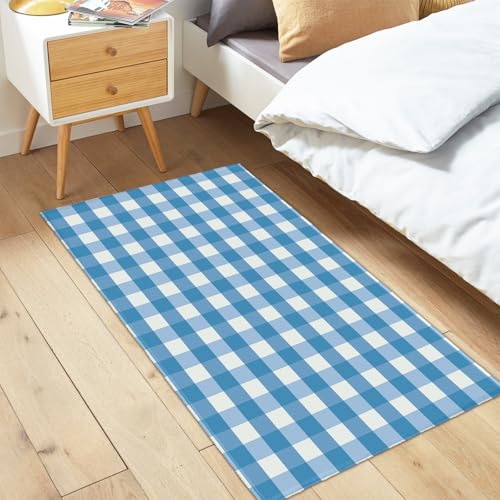 Blue and White Buffalo Plaid Area Rug 2x3 Summer Check Farmhouse Decorative Front Door Mat Small Non-Slip Low Pile Front Doormat Washable Throw Rugs for Living Room Bedroom Bathroom Kitchen - color: Buffalo Plaid Blue and White