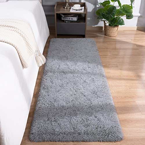 DETUM Grey Runner Rug 2X6 Gray Rug for Bedroom Kitchen Bedside Hallyway Entryway Grey Runners Super Soft and Fluffy Carpets Washable Kids and Pets Friendly - color: Grey, size: 2 x 6 feet