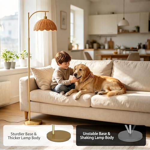 Arc Floor Lamp for Living Room, Gold Boho Floor Lamp with Hand-Woven Rattan Flower Shade, Farmhouse Standing Lamp with Remote & 3 Color Temp Bulbs, Height Adjustable Tall Lamp for Bedroom Corner - color: Gold
