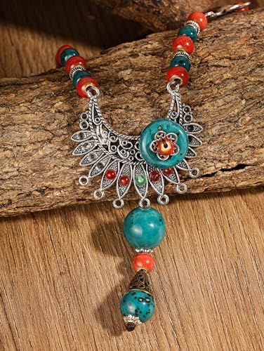 MINACHI Vintage Bohemian Colorful Ceramic Bead Antique Flower Y Necklace, Vintage Boho Hippie Statement Jewelry Gift for Women - color: S02A
