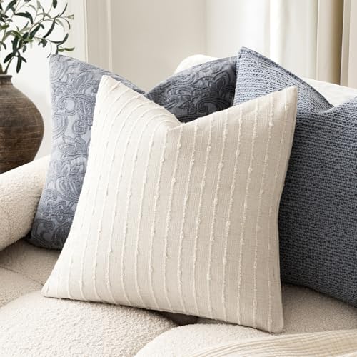 Foindtower Pack of 2 Decorative Jacquard Boucle Throw Pillow Covers Accent Textured Striped Pillowcases Soft Boho Modern Cushion for Couch Sofa Bedroom Living Room Home Decor 20x20 Inch Cream White - color: Cream White, size: 20" x 20" (Pack of 2)