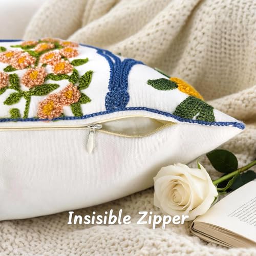 Alysheer Spring Summer Floral Embroidered Decorative Throw Pillow Cover 18"x 18" Set of 2, Orange Flowers Embroidery Patterned Multicolor Cushion Case for Sofa Couch Living Room Bedroom Outdoor - color: - Orange Mustard, size: 18" x 18" (Pack of 2)