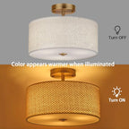 13" Boho Rattan-Style Semi Flush Mount Ceiling Light Fixture, 3-Light Modern Fabric Shade Drum Lamp, White Rustic Lighting for Bedroom, Kitchen, Dining Room, Living Room, Hallway, Entryway - color: White