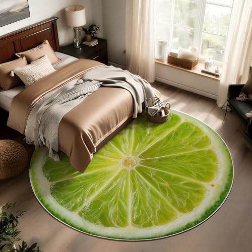 Round Rugs for Living Room, Bright Modern Green Lime Citrus Slice Pattern Decor, Large Washable Circle Rug Soft Floor Cushion, Cute Fruit Round Carpet with Non Slip Backing Indoor Play Area Space 2 ft - color: E, size: 2' (Round)