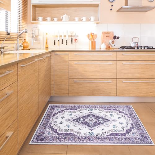 HOMORE Area Rug 2x3 Small Rugs for Bedroom, Purple Floral Rug for Entryway, Faux Wool Non Slip Washable Low Pile Indoor Doormat for Entance Kitchen Bedside, Lavender Vintage Rug for Room Decor - color: Purple, size: 2' x 3' (Rectangular)