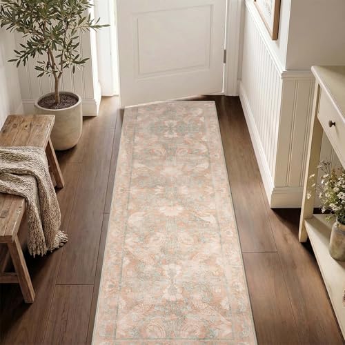 SIRIS 2x6 Washable Runner Rug, Symmetrical Botanical Floral Rug, Vintage Soft Low-Pile Non-Slip Floor Mat, High-Traffic Aisle Kitchen Runner for Entryway Laundry Room Bathroom, Muted Rose - color: Siris Muted Rose, size: 2' x 6' (Runner)