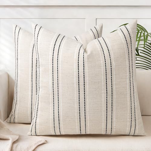 AELS 22x22 Decorative Farmhouse Linen Blend Throw Pillow Covers, Boho Textured Pillow Case, Set of 2, Beige with White & Black Stitch Yarn Dyed Stripe Cushion Cover for Sofa Living Room (Cover ONLY) - color: Beige With White & Black, size: 22" x 22" (Pack