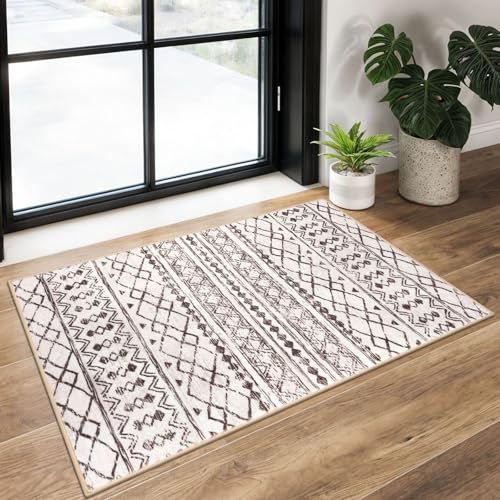 KUTA Moroccan Kitchen Rugs, 2x3 Brown Cream Entryway Rug Non-Slip Washable Small Indoor Door Mat, Ultra Soft Print Vintage Geometric Low-Pile Floor Carpet for Indoor, Entrance, Kitchen - color: Cream/Brown, size: 2' x 3' (Rectangular)
