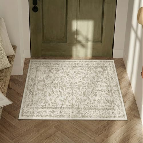 PureCozy Taupe 2x3 Entryway Rug Vintage Area Carpet Indoor Kitchen Washable Door Mat Entrance Small Low Pile Traditional Distressed Retro Accent Throw Rug Non Slip Office Bathroom - color: Neutral Taupe, size: 2' x 3' (Rectangular)