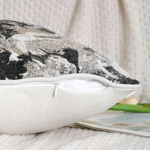 Vintage Floral Throw Pillow Covers 18x18 Set of 2 Neutral Boho Farmhouse Soft Chenille Jacquard Decorative Couch Pillow Covers for Sofa Couch Bed Living Room Home Décor Beige Black - color: Beige Black, size: 18" x 18" (Pack of 2)