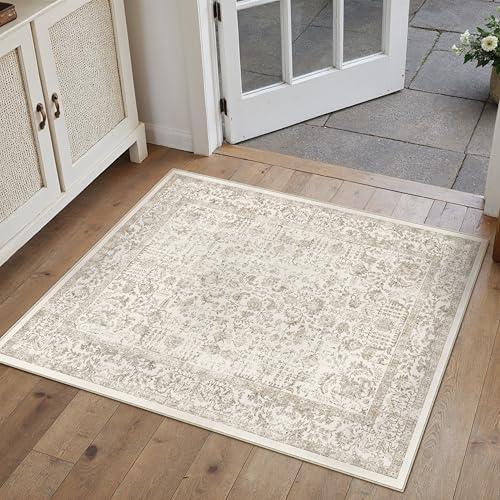 PureCozy Light Brown Entryway Area Rug 2x3 Door Mat Machine Washable Kitchen Vintage Distressed Non Slip Carpet Indoor Retro Floral Accent Throw Small Rug for Bathroom Office Bedroom Dining Room - color: Accent | Light Brown, size: 2' x 3' (Rectangular)