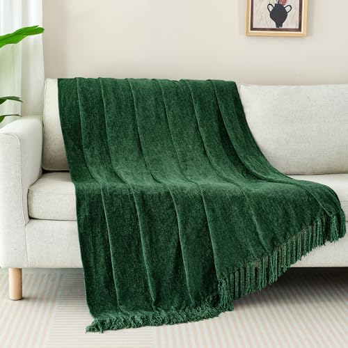 Chenille Throw Blanket for Couch with Tassels,60"X80" Soft Cozy Lightweight Knitted Boho Decorative Blankets for Bed and Sofa,Dark Green - color: Dark Green, size: 60"x80"