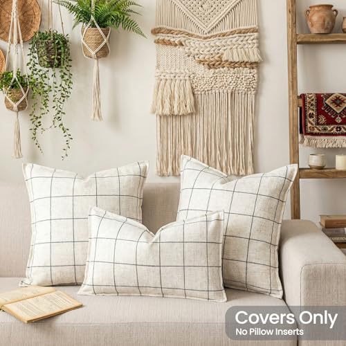 Cream White Plaid Throw Pillow Covers 18x18 Set of 2, Boho Decor White Checkered Decorative Pillows for Couch 18 x 18, Modern Farmhouse Neutral Decor Linen Pillows for Bed (Without Pillow Inserts) - color: Beige & Black Plaid Set of 2, size: 18" x 18" (Pa