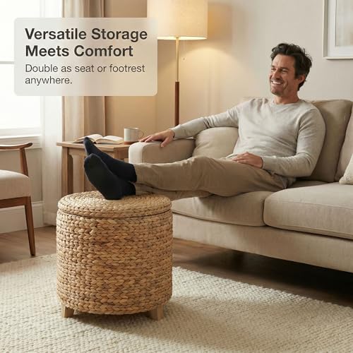 DEILSY™ Natural Water Hyacinth Round Storage Ottoman with Removable Lid, Fabric Liner & Wooden Feet – Handwoven Footstool Ottoman for Living Room, Bedroom & Entryway