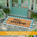 Tinideya 2 Pcs Summer Door Mat 17"x47" Hello Sunshine Welcome Non Slip Coir Blue White Plaid Buffalo Mats Large Floor Layering Doormats Seasonal for Front Porch Entryway Decor(Hello Sunshine)