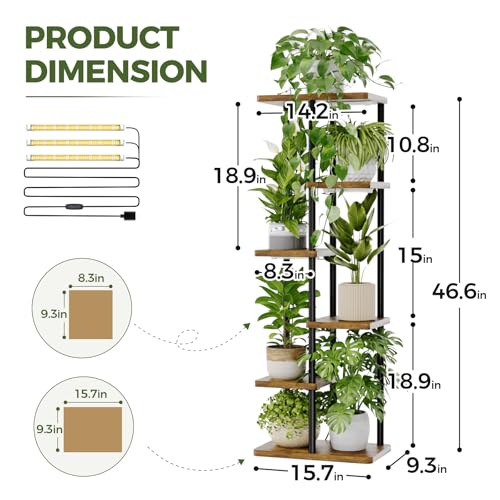 Bamworld Plant Shelf with Grow Light for Indoor Plants Corner 6 Tier Metal Plant Stand Wood Flower Stand for Home Living Room Decor Patio Decor - style: 6 Tier,Square