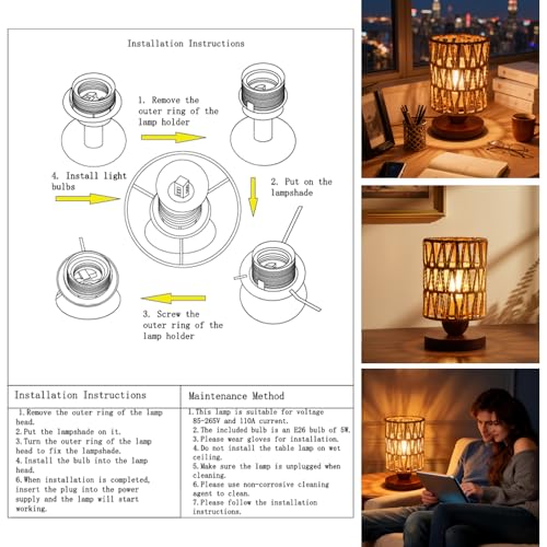 Handmade Rattan Lamp Farmhouse Table Lamp for Bedroom, Rustic Woven Lamps for Night Stands with Warm White LED Bulb, Boho-Inspired Boho Lamp for Living Room Kitchen Nook, 12cm Shade 20cm Height - color: Farmhouse