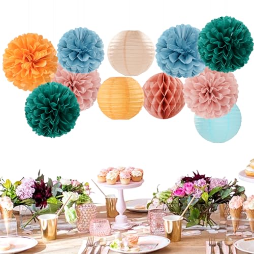Dusty-Blue Orange Teal Party-Decorations Paper-Flowers - 15pcs Fall Rose Gold Blush Pink Birthday Baby Bridal Shower Tissue Pom Poms Lanterns Streamers,Wedding Bachelorette Hanging Supplies Hugfond - color: Blue Green Orange