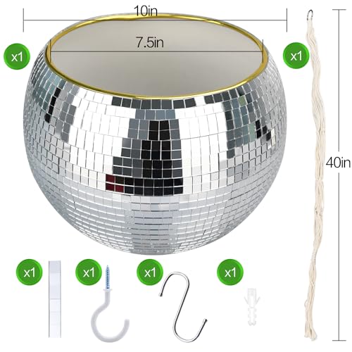 Disco Ball Planter, 1pcs 10” Silver Disco Ball Planter, Disco Ball Plant Hanger with Hanging Rope, Hanging Chain, Hook, Circle and Extra Mirror Pieces - color: 1×10" Silver