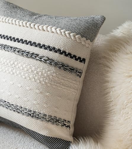 Cethom Boho Throw Pillow Covers 18x18 Inch Set of 2, Black Textured Decorative Couch Pillow Cases for Farmhouse Home Decor, Accent Cushion Cover for Sofa, Bed, Living Room, Bedroom - color: Black, size: 20" x 12" (Pack of 2)