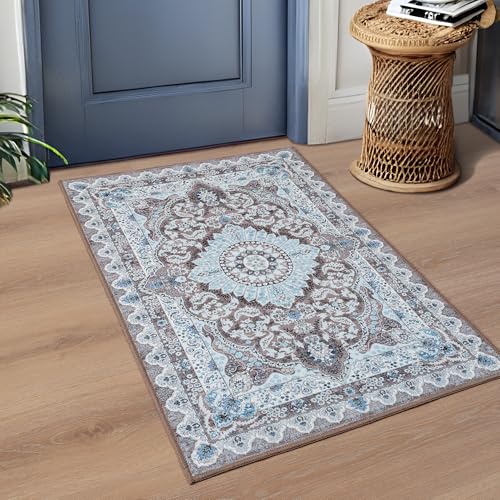 Foxmas Small Rugs for Entryway 2x3 Feet, Non-Slip Doormat Indoor Entrance Vintage Washable Area Rug, Low Pile Throw Rugs for Entryway Bedroom Kitchen Living Room, Brown - color: Brown/Blue, size: 2' X 3' (Rectangular)