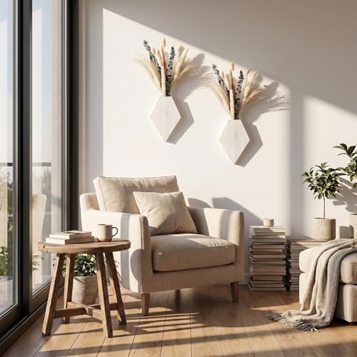 2 Pcs Bohemian Wooden Wall Planter Set with Pampas Grass Modern Farmhouse Wall Decor for Living Room, Bathroom, Bedroom, Office (White Distressed,Natural Style) - color: White Distressed, style: Natural Style