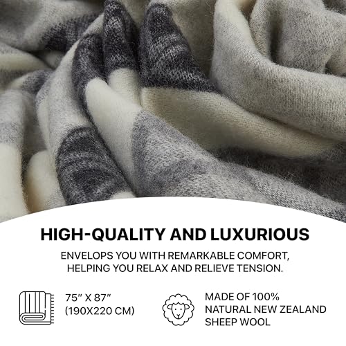 | Wool Blanket/Throw | 100% New Zealand Wool | Perfect for Home and Outdoors | Virgin Wool Throw with Fringes 75"x87" (190 x 220 cm) - color: Gray Geometry, size: Full