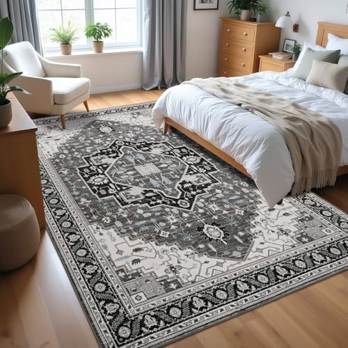 Macgace 3x5 Black Grey Area Rug for Living Room, Machine Washable Rugs with Non-Slip Backing for Bedroom, Vintage Medallion Carpet Kitchen Laundry Kids Room Decor - color: Black & Grey, size: 3' x 5' (Rectangular)