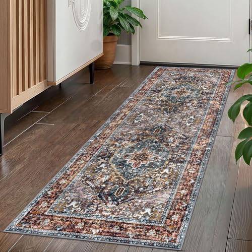 KOZYFLY Runners for Hallways 2x5 Ft Washable Kitchen Runner Rug Boho Runner Rug for Entryway Indoor Printed Oriental Faux Wool Floor Carpet Runner for Laundry Room Kitchen Hall, Brick Red/Orange/Green - color: Brick Red/Orange/Green, size: 2' x 5' (Runner