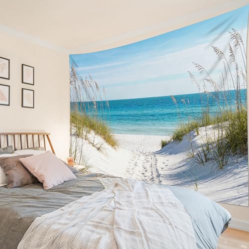 SCECALA Blue Beach Tapestry Summer Seascape Blue Ocean Wall Art Tapestry Seaside Nature Landscape Wall Hanging for Bedroom Living Room College Dorm Photography Home Decor 92.5x70.9 Inch - color: Blue White, size: 70.9"L x 92.5"W