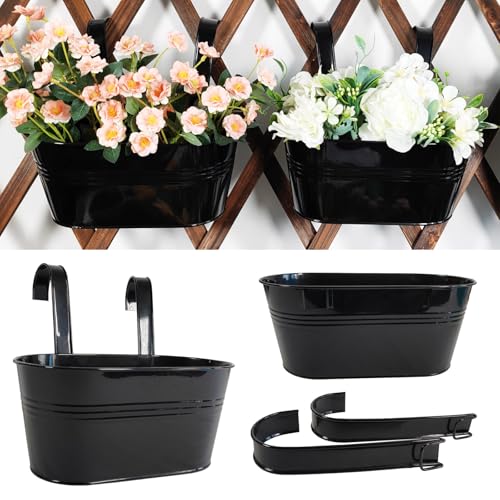 2 Pack Metal Hanging Planter for Outdoor Plants, 10 Inch Black Fence Planters Railing Pots for Garden Patio Balcony Decor, Flower Bucket with Detachable Hooks (Black, 2Pcs) - color: Black