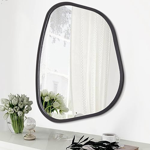 Black Asymmetrical Mirror Irregular Oval Wall Mirror Modern Wood Frame Unique Shape Wall Mounted Vanity Artistic Mirror Decorative for Living Room Bedroom Bathroom Entryway Large 16"x12" - color: Black, size: 16"L x 12"W