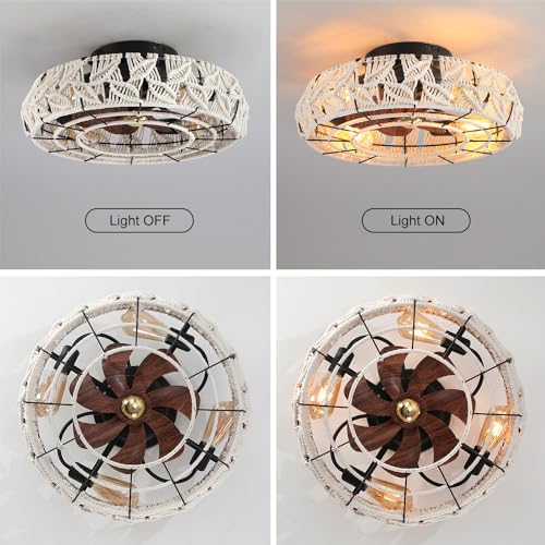 Boho Caged Ceiling Fans with Lights and Remote 20" Flush Mount 6-Speed Reversible Enclosed Low Profile Handmade Cotton Rope Ceiling Fan with Light 4 Bulbs,for Bedroom, Living Room, Kitchen - color: Cream Leaves