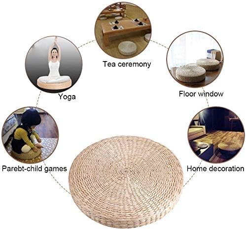 Meditation Pillow,Tatami,Floor Cushion,Floor Pillow,15.7inch / 40cm Dia Straw Floor Seat Cushion for Deep Thought Leisure Round Shape Soft Pouf Light Yellow Knitted Tatami Cushion